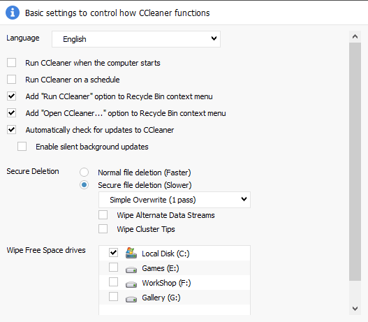 CCleaner Settings Checkings