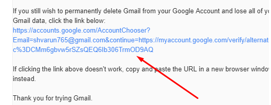 Delete Gmail Account - Click on the Verification link