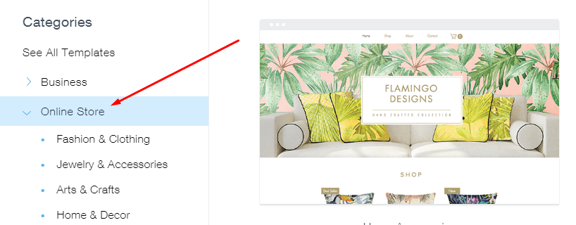 Select Template for Wix Stores