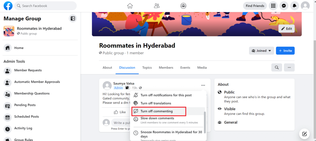 Turn off comments option under Facebook group post