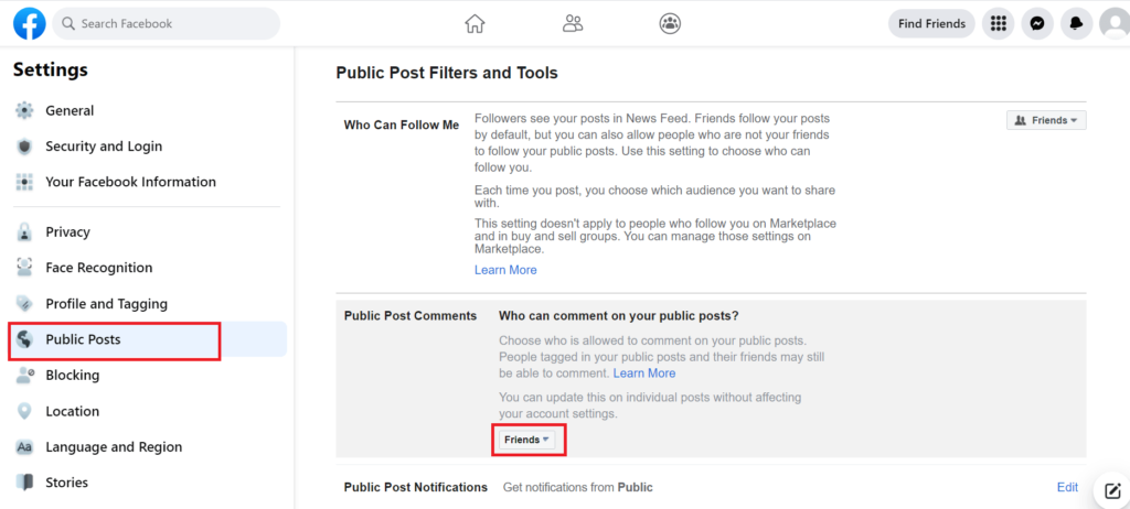 Public Posts option Facebook