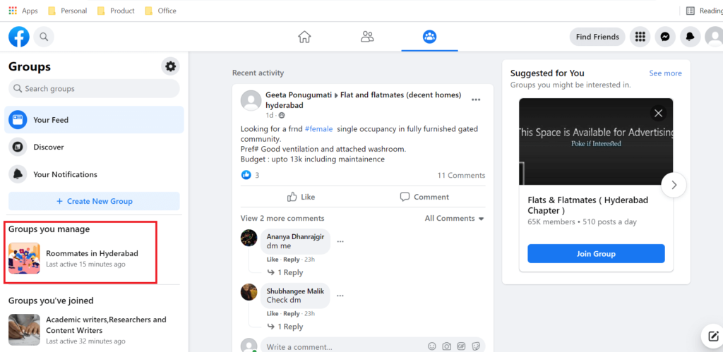 Groups you manage section Facebook