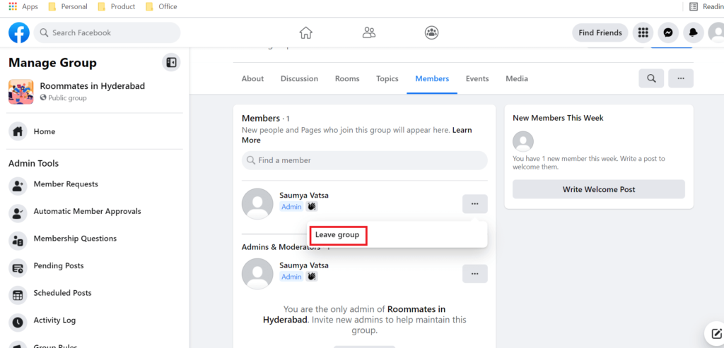 Leave group option for admin of Facebook group