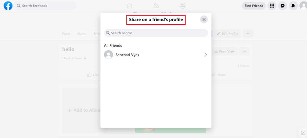Share on a friend's profile option for album Facebook