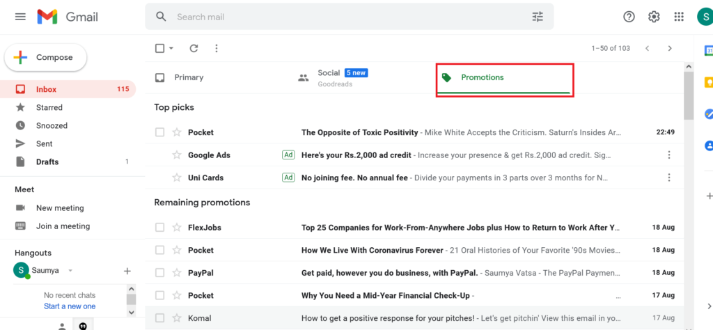 Promotions tab in Gmail