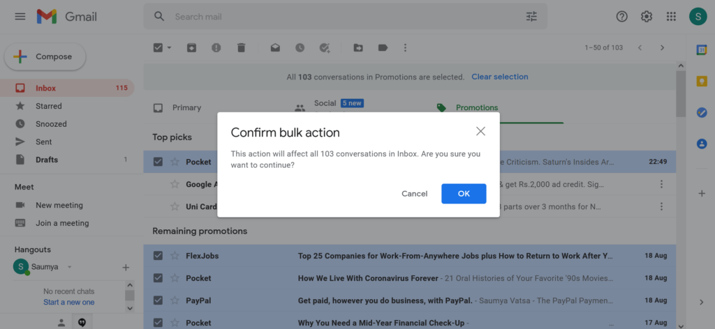 Confirm Bulk Action dialog box Gmail