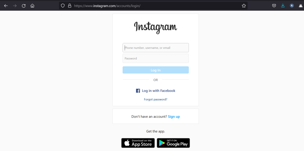 Log in option Instagram web browser