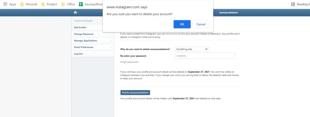 Confirmation to delete Instagram account