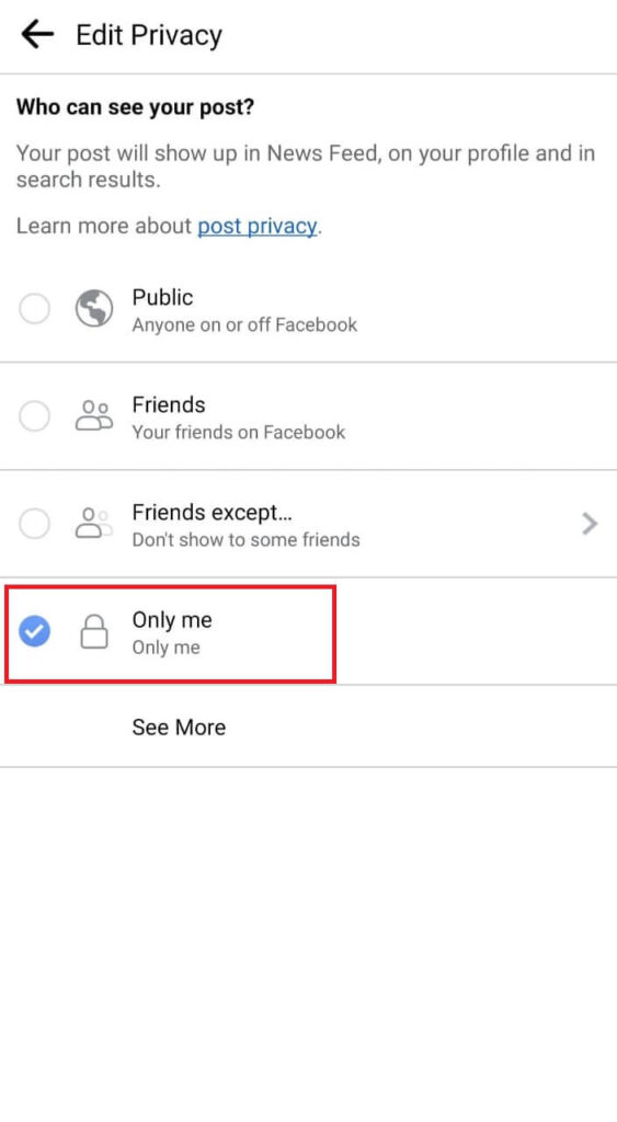 Only me audience selector Facebook