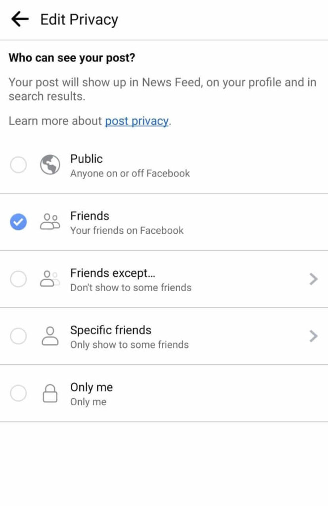Friends except... option under Audience on Facebook