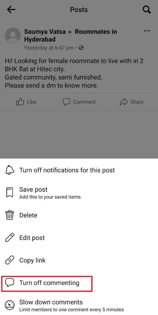 Turn Off Comments option Facebook group