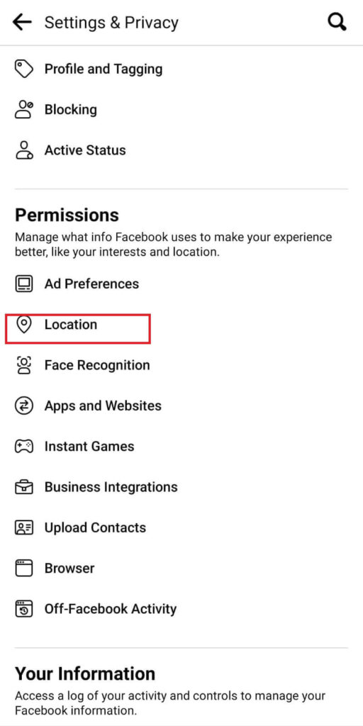Location under Permissions on Facebook
