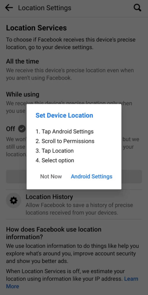 Set Device Location dialog box for Android