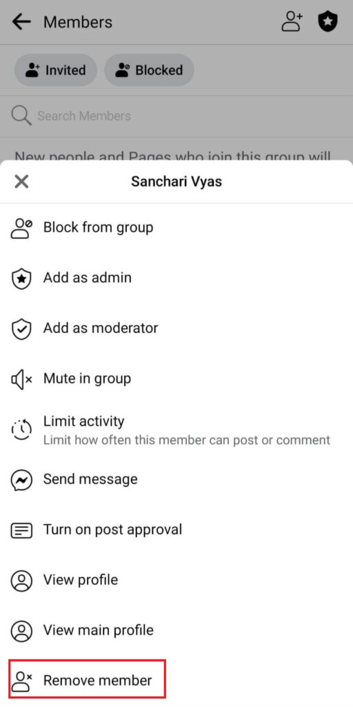 Remove member option Facebook group
