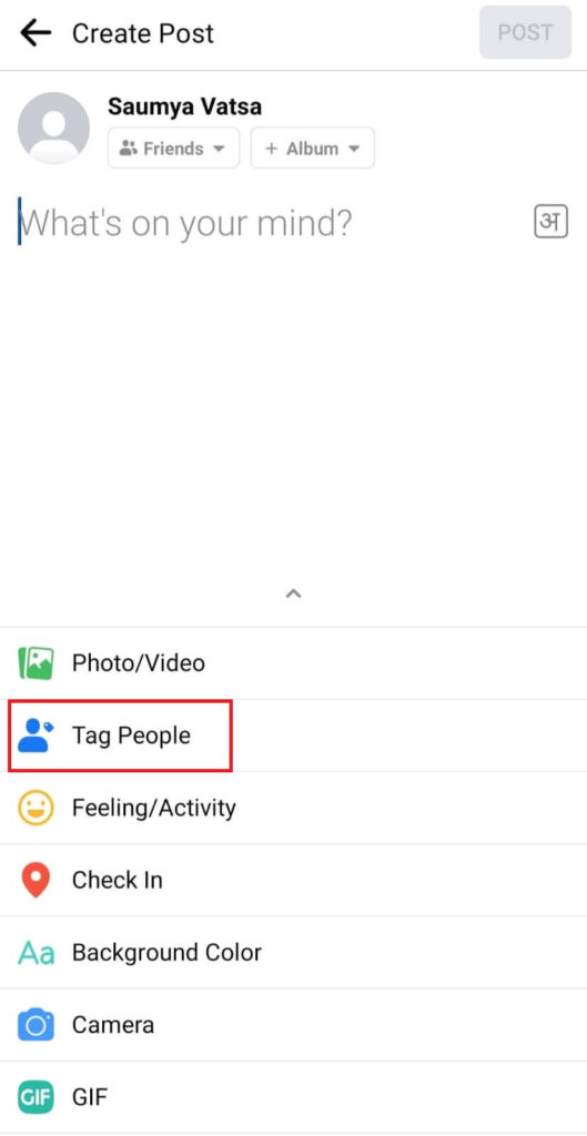 Tag people option status update Facebook