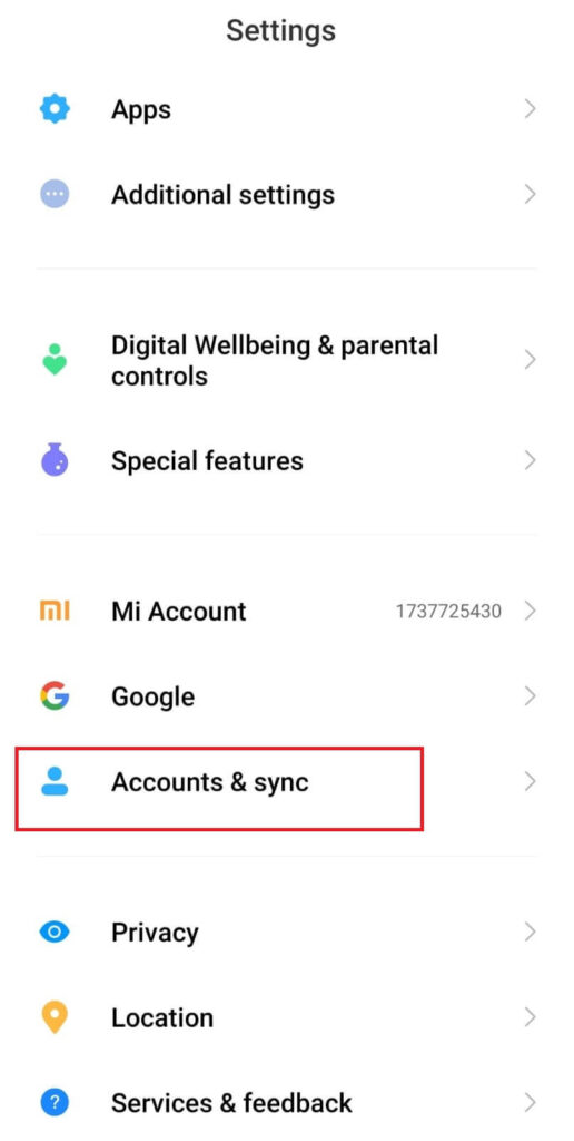 Accounts & sync option on Android
