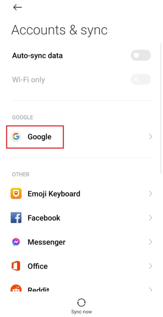 Google option under Accounts Android