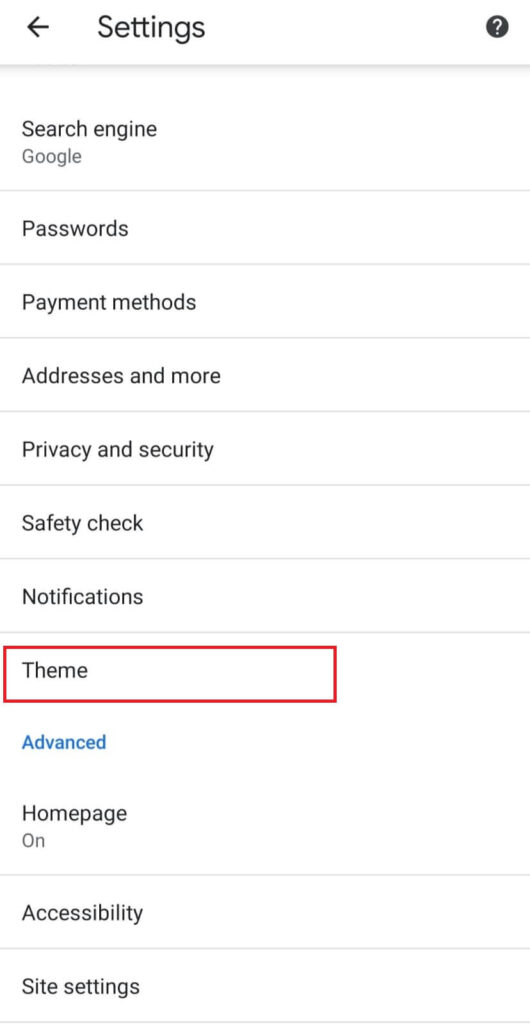 Theme under Settings in Google Chrome Android