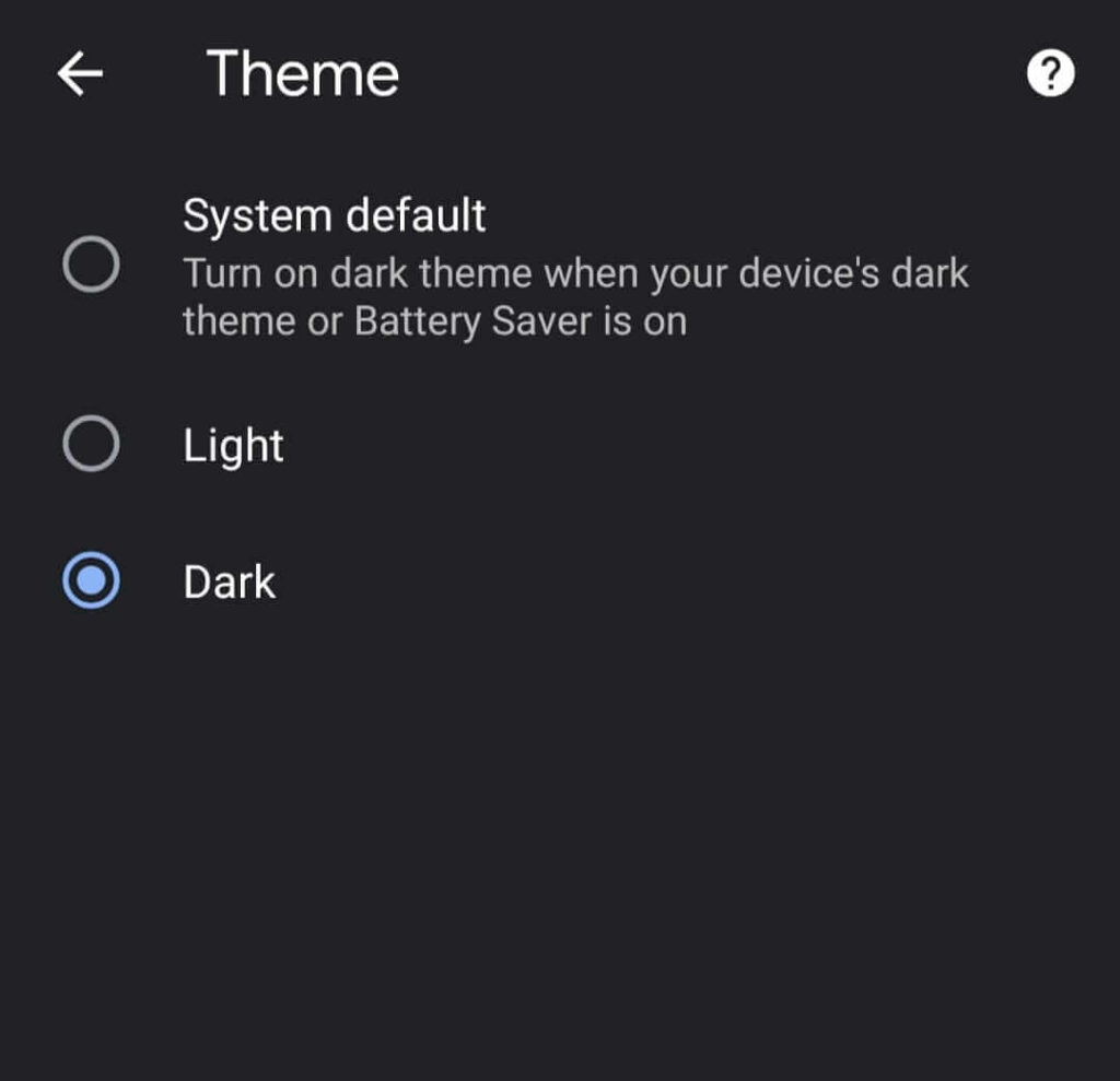 Dark option under Theme in Google Chrome Android