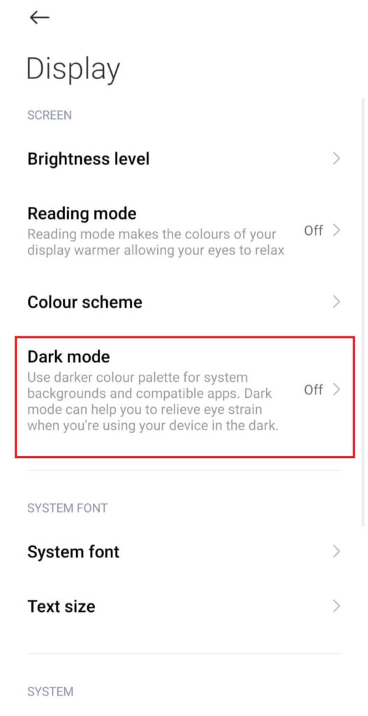 Dark mode option under Display Android settings