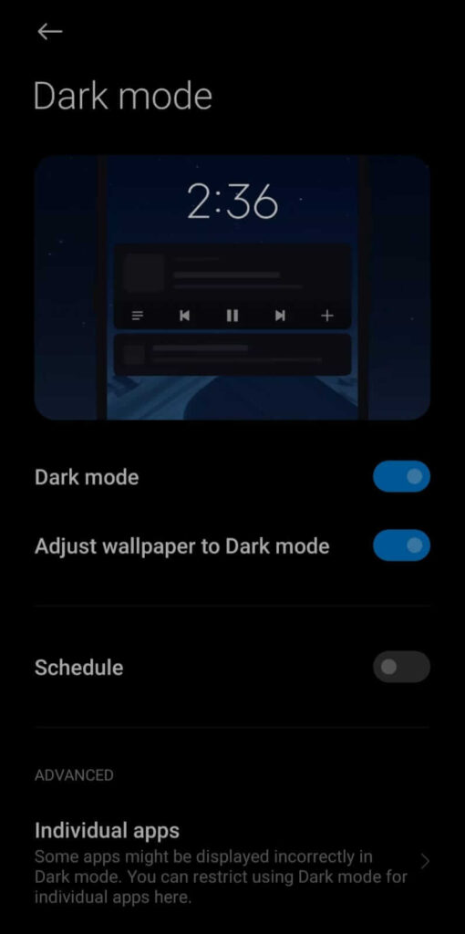 Dark mode in Android Settings