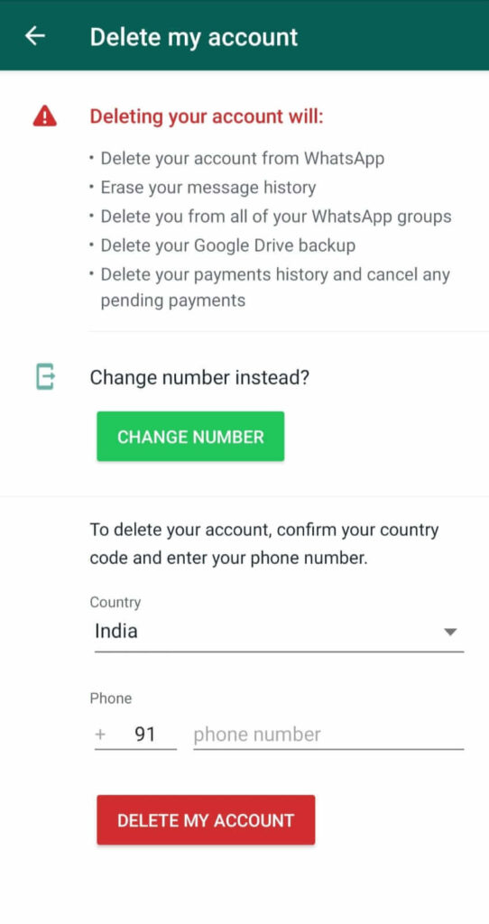 Landing page to delete WhatsApp account