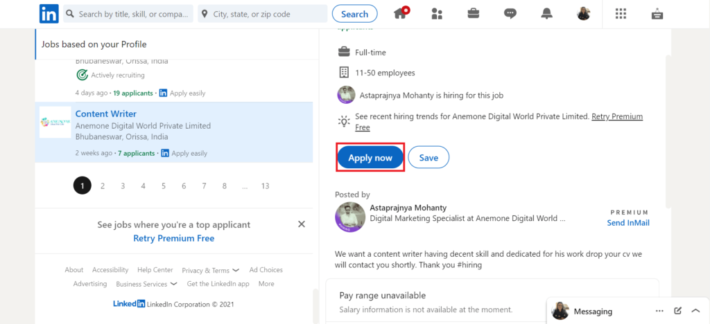 Apply now option for job on LinkedIn