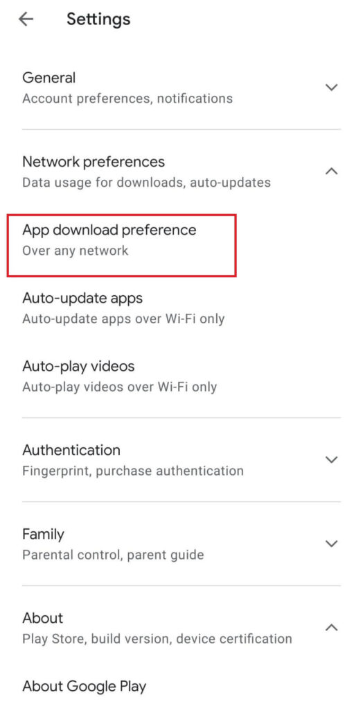 App download preferences over any network for download pending error