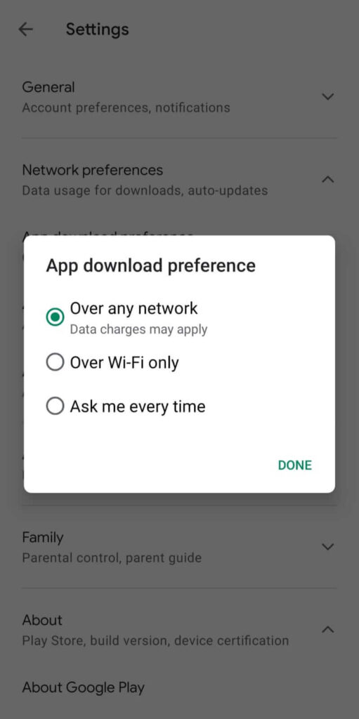 Over any network option under App download preference