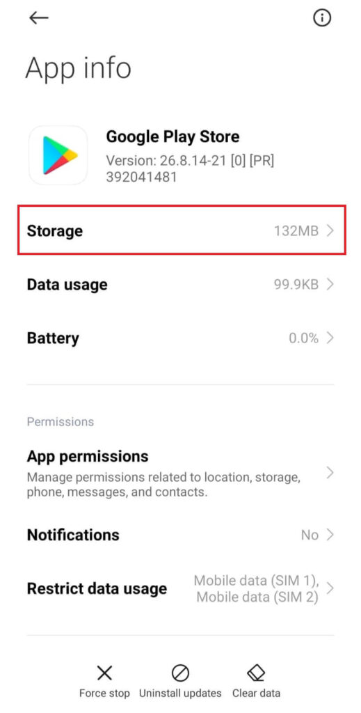 Storage option in App info of Play Store