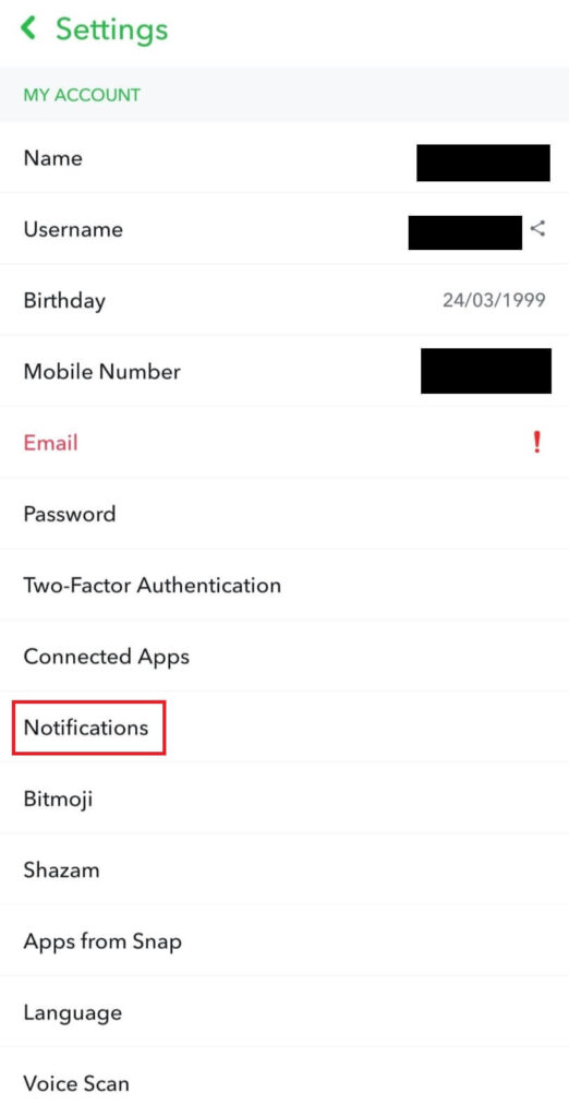 Notifications option in Settings on Snapchat