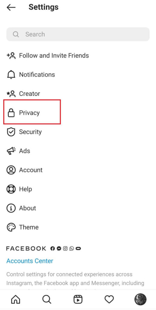 Privacy Settings under profile on Instagram