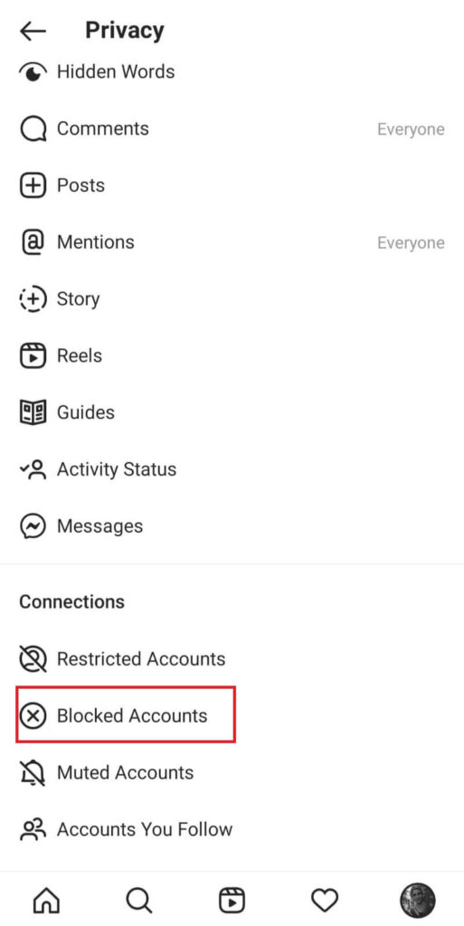Blocked Accounts option in Instagram Settings