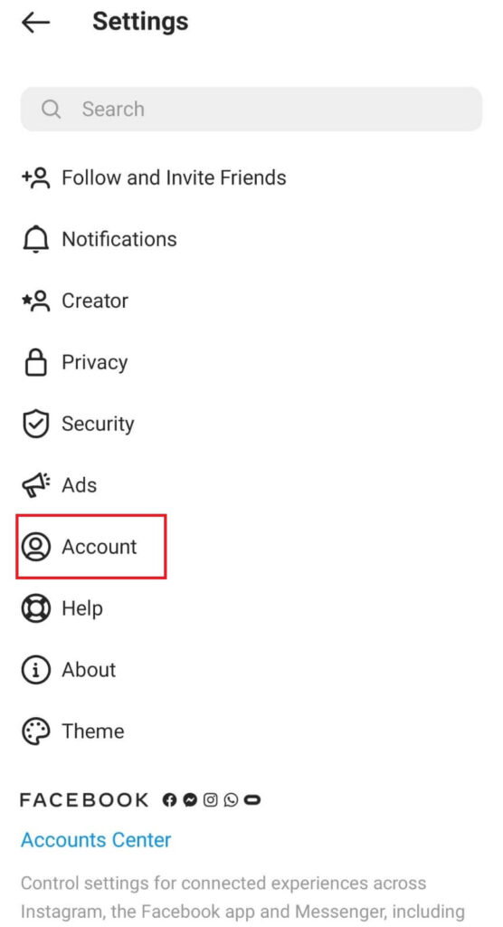Account option under Instagram Settings