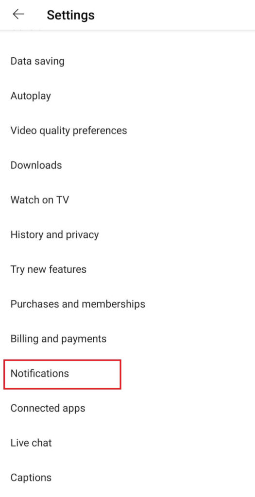 notifications option in youtube settings