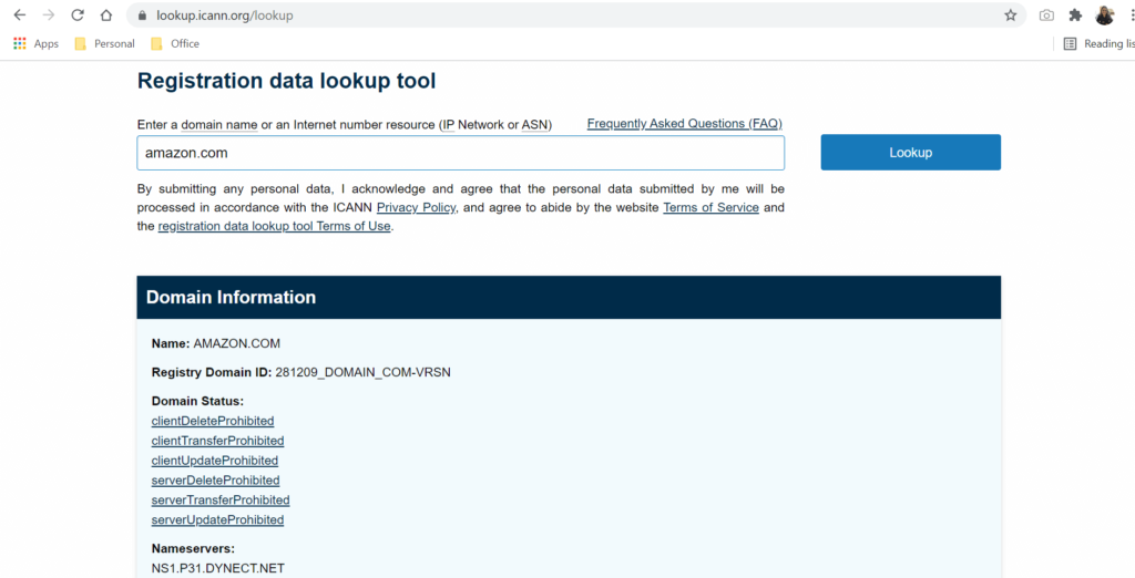 ICANN lookup tool to check domain owner of website that is safe for browsing 