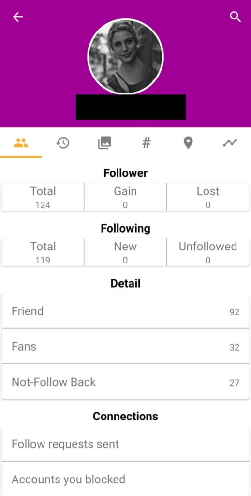 Dashboard on on Follower Analyzer app 