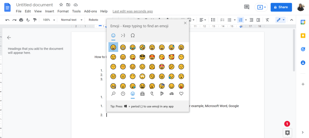shortcut key to use emojis in Windows 10