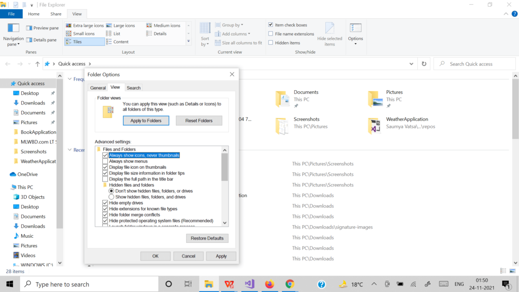option in file explorer to disable image preview and show icons
