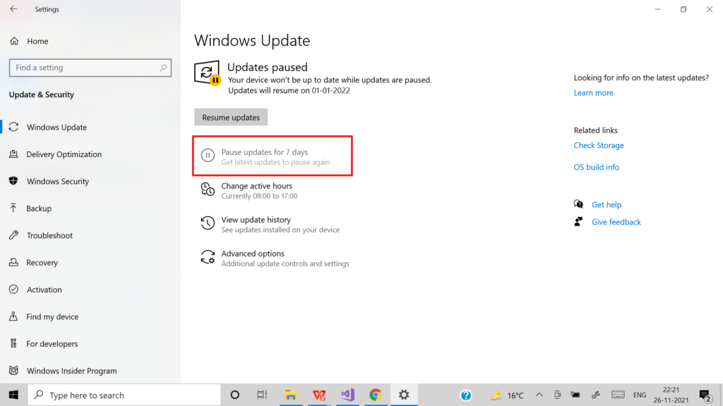 Pause Windows 10 update for 7 more days