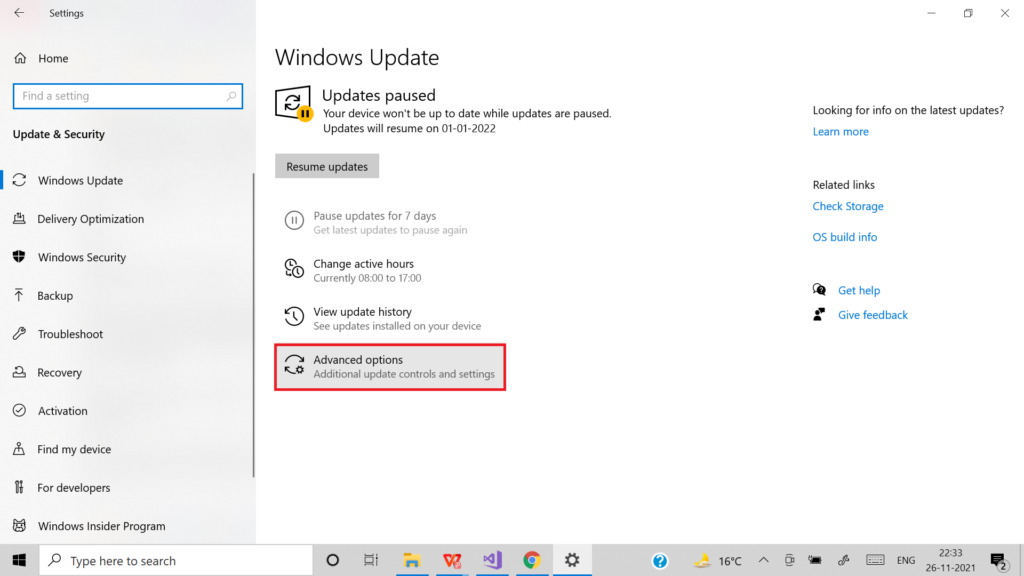 Advanced options under Windows Update