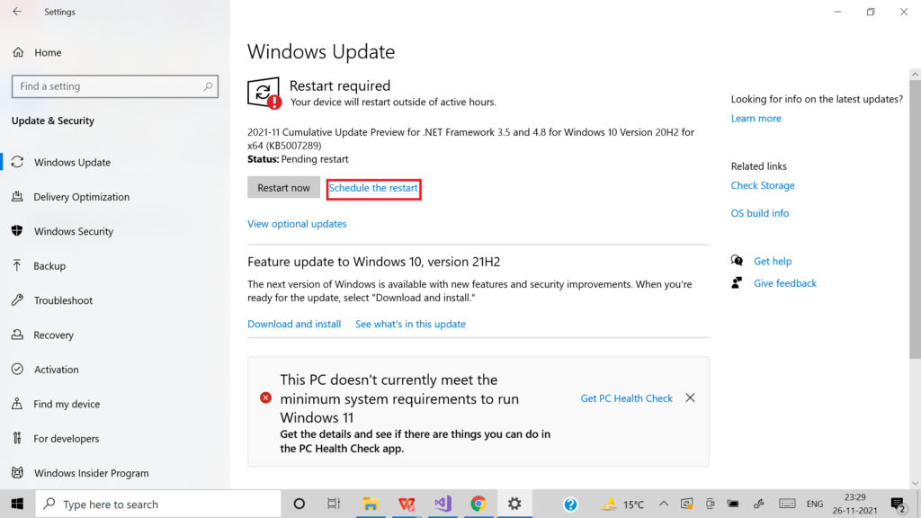 Schedule restart to pause windows 10 update