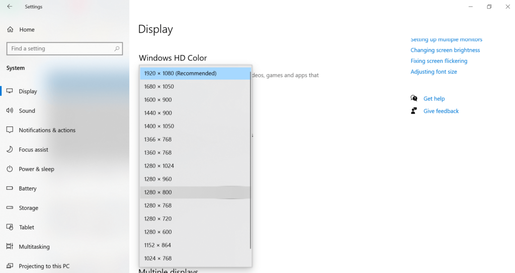 change the screen resolution from display resolution option