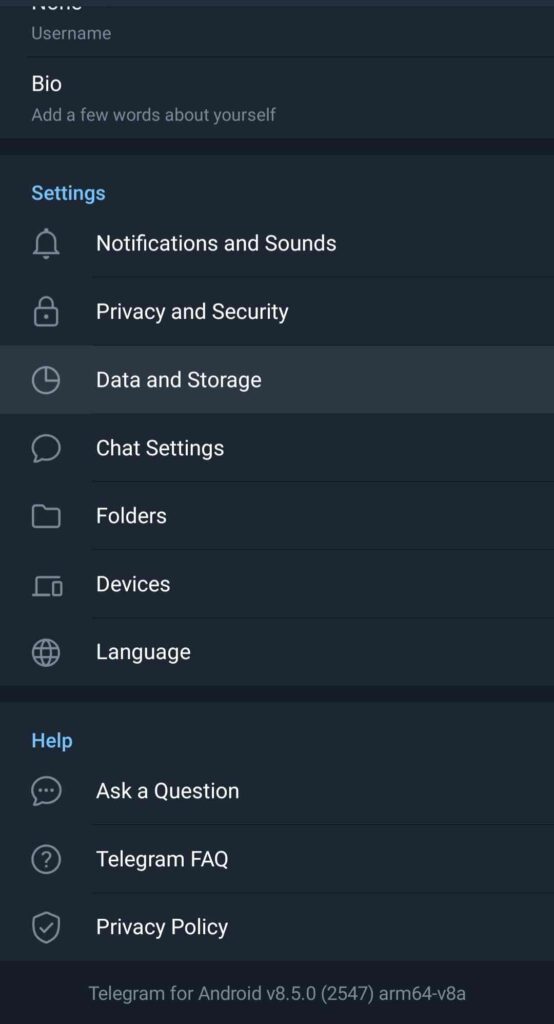 telegram data and storage option