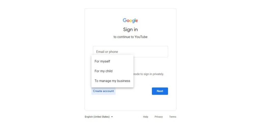 Create YouTube Account - create account option