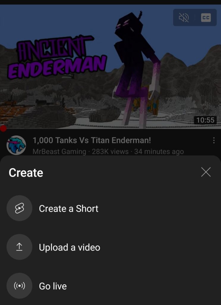 Upload a Videos option on YouTube App