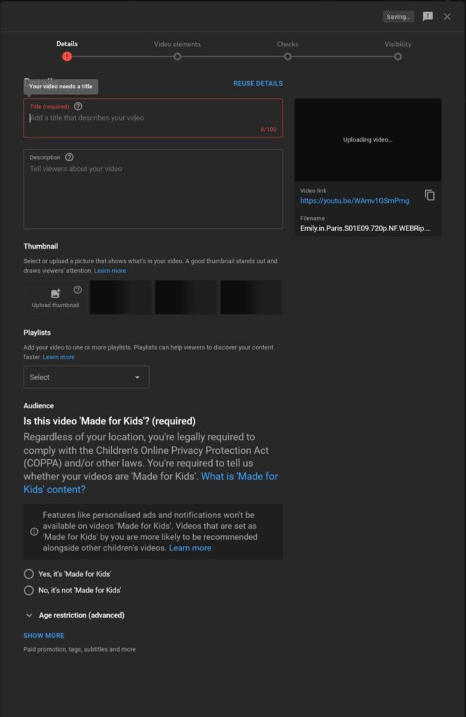 Upload Videos to YouTube - Configure the video settings