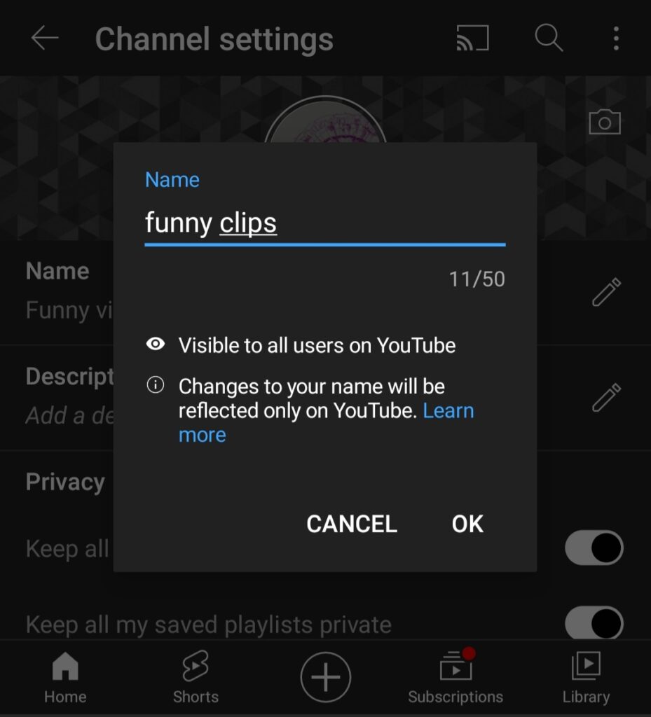 Confirm the YouTube channel name by selecting OK.