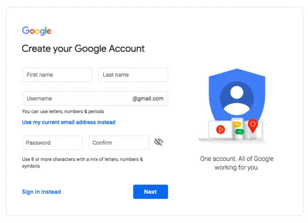 Enter details to create a new google account linked to your YouTube