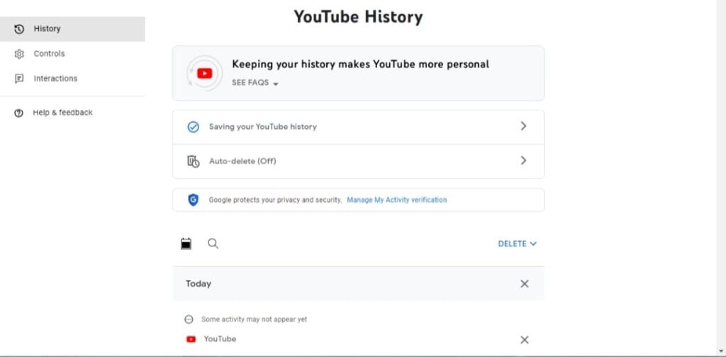 This is the all history page where you can clear YouTube search and watch history together